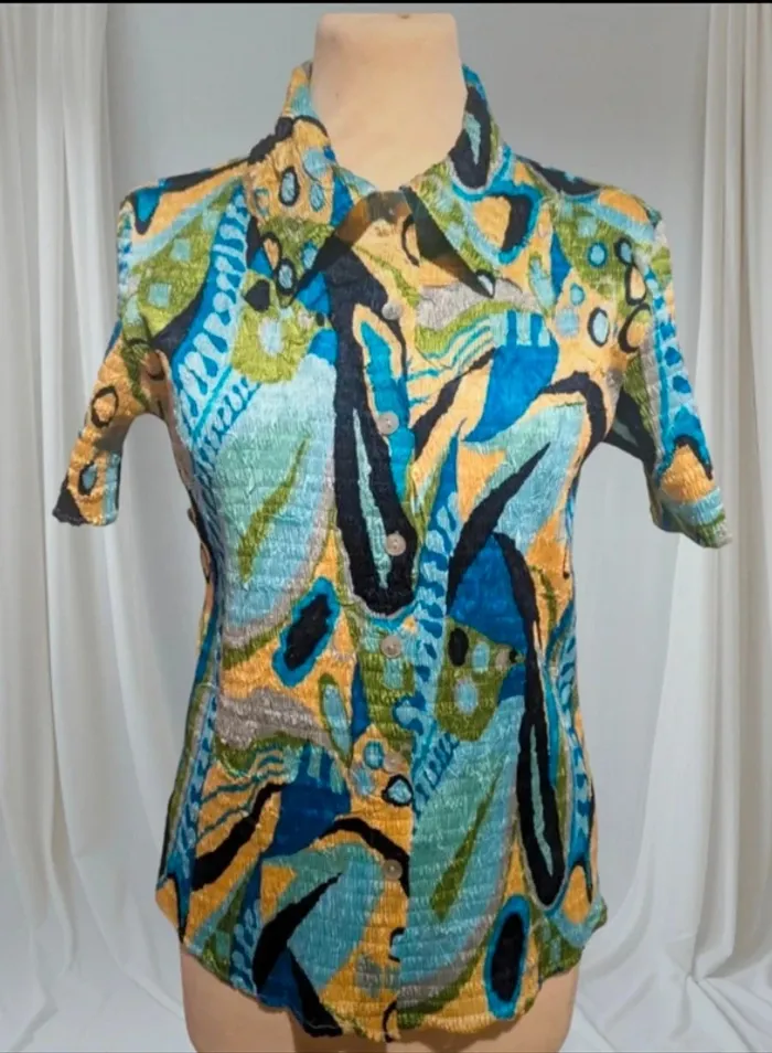 💙chemisier pop vintage multicolore gaufré extensible femme vintage t 3 L 40 prunelle rare 70s 80s