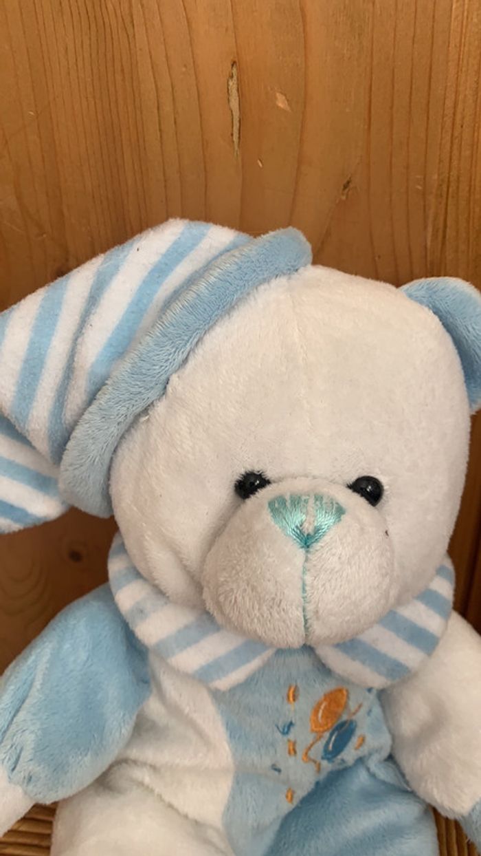 Peluche ourson avec bonnet bébé bleu blanc - photo numéro 3