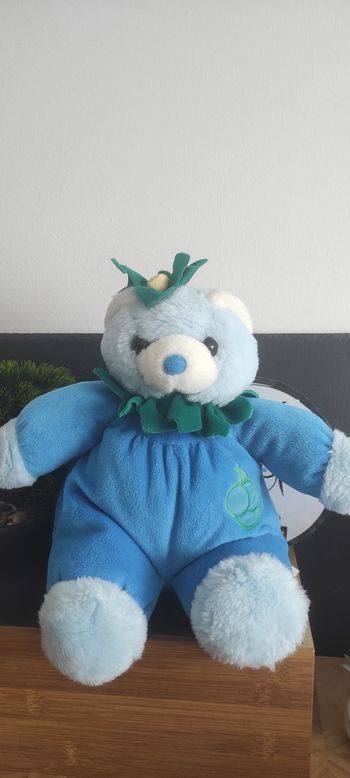 peluche ours bleu vert raisin grappe feuille ancien vintage top company srl