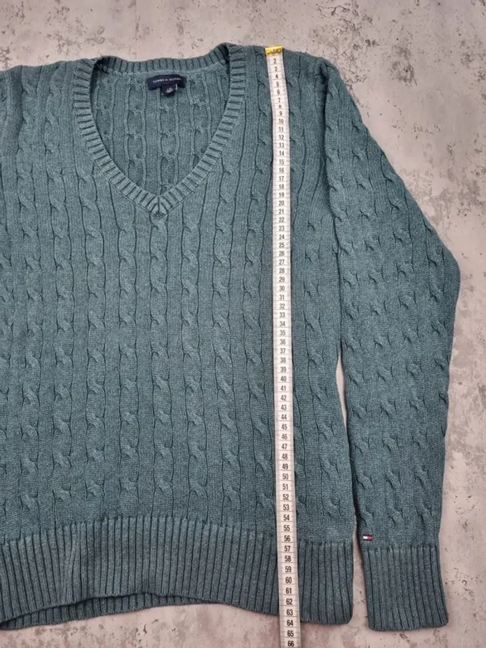Pull col V torsadé Tommy Hilfiger vert – Taille L Femme (mesures en photos) - photo numéro 9