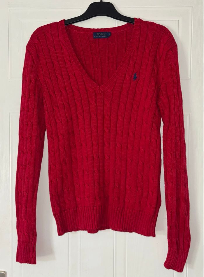 ❤️ Superbe Pull Torsade Neuf Ralph Lauren Rouge Logo Bleu Marine - Taille M/38 - photo numéro 1