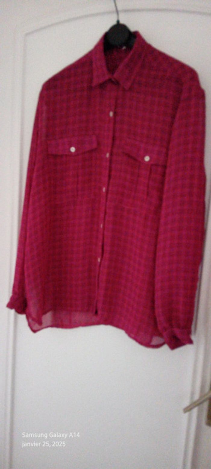 Chemise légère vintage motif carreaux avec poches fuschia femme 40 Line de Raux Paris