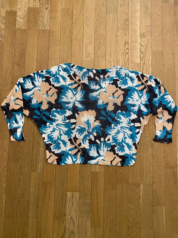 Pull léger oversize motif floral turquoise et beige taille 46 - photo numéro 2