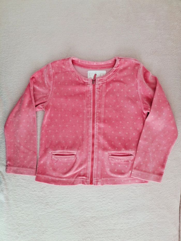 Gilet zippé DPAM 6 ans en velours rose à pois blanc