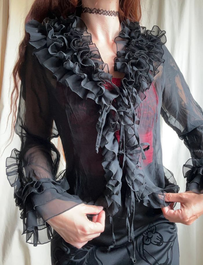 Blouse à nouer transparente col froufrou Vampire Goth vintage 90s - Taille S/M/L - photo numéro 2