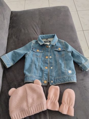 Veste jean avec bonnet et gant rose