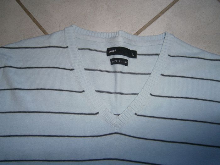 Pull ML bleu ciel rayé gris CELIO Taille L - photo numéro 2