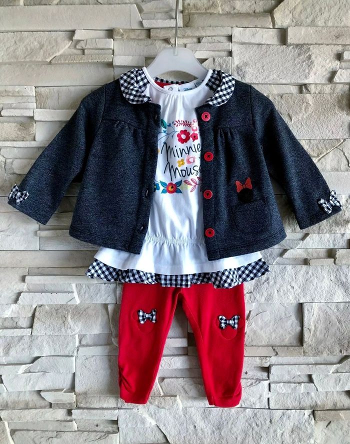DISNEY - NEW - ENSEMBLE 3P BÉBÉ FILLE MOTIF MINNIE, TONS PAILLETÉS & VOLANTS 9M