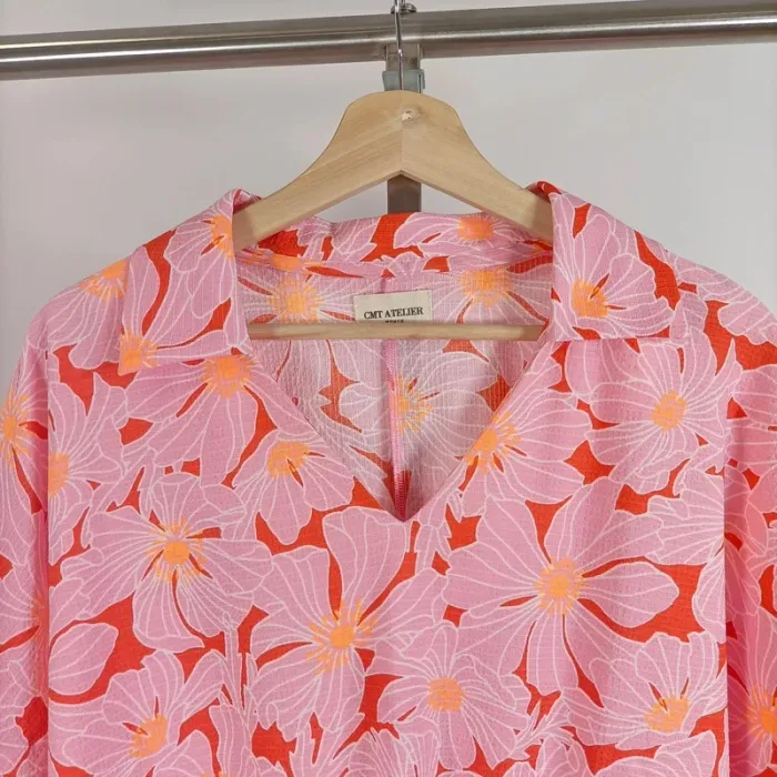 Chemise fluide fleurie rose orange CMT Atelier, col V nouée devant, taille M A516 - photo numéro 2