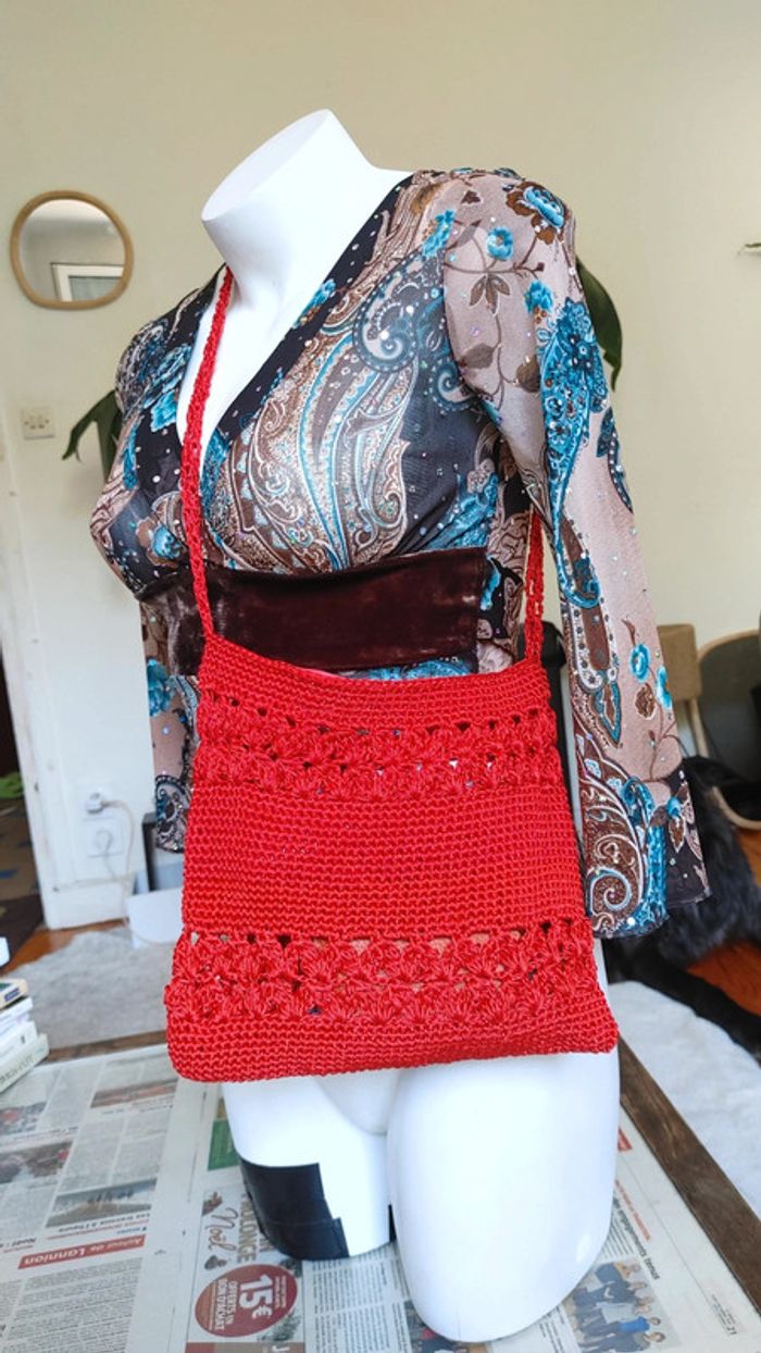 Sac bandoulière en crochet rouge fermeture à zip - photo numéro 10
