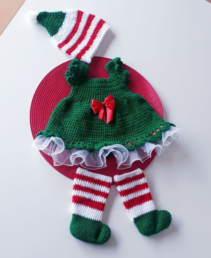 Vêtement bébé fille lutin Noël robe crochet dentelle noeud satin rouge - photo numéro 2