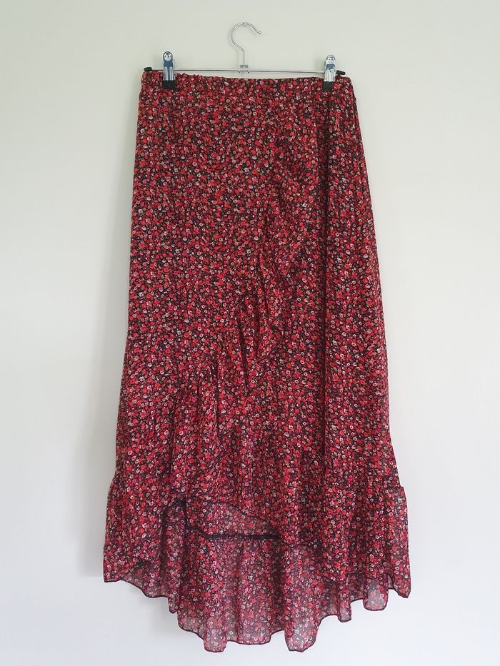 Jupe longue asymétrique rouge à fleurs Papillonne M - photo numéro 2