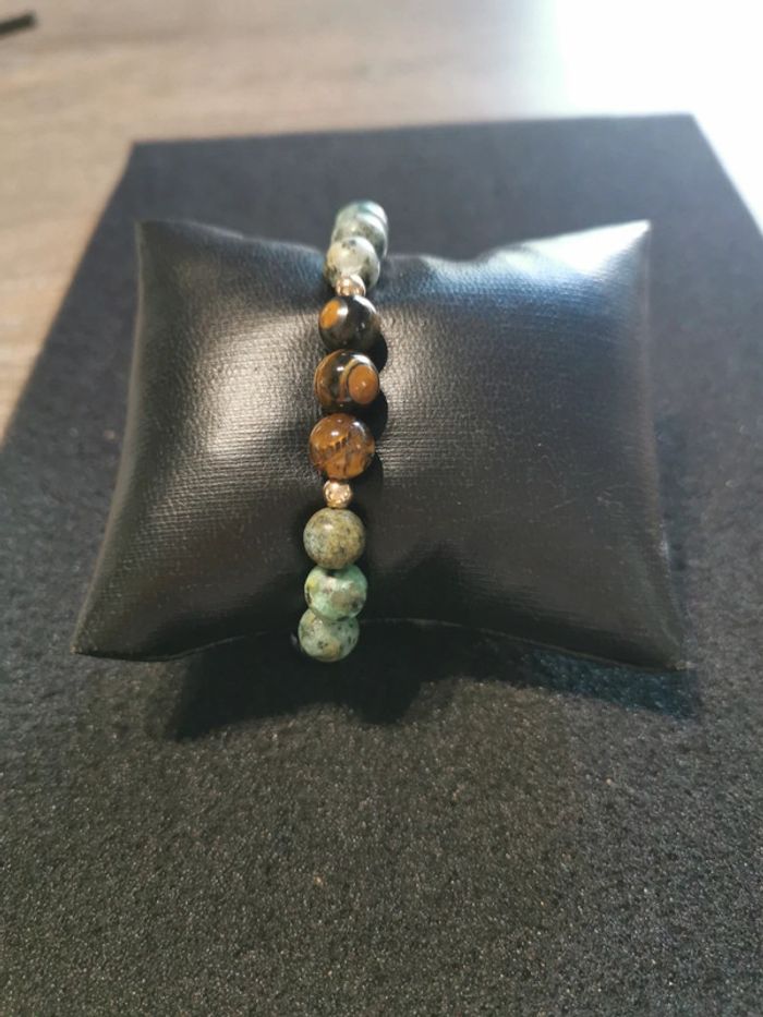 Bracelet tendance pierre 8mm œil de tigre et turquoise africaine