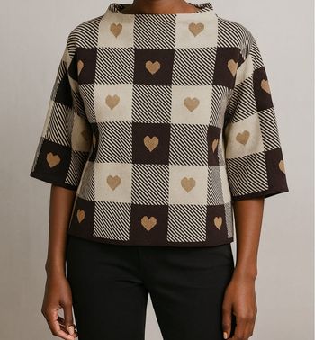 NEUF Pull Boxy Tricot Cachemire Cœurs S/M Chic Cosy Marron Beige Col Montant