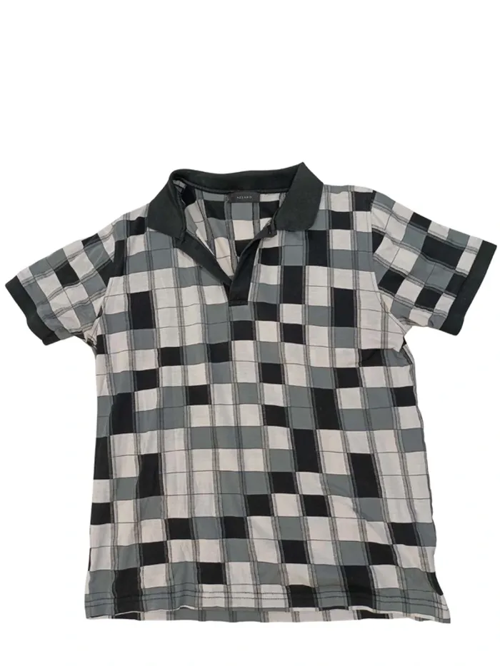 Polo Azzaro à carreaux noirs et gris, col côtelé, style vintage chic taille 46 estimée A1128
