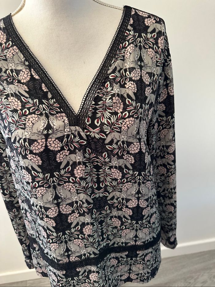 Blouse à fleurs et renards grise et rose Promod T40 L - photo numéro 3