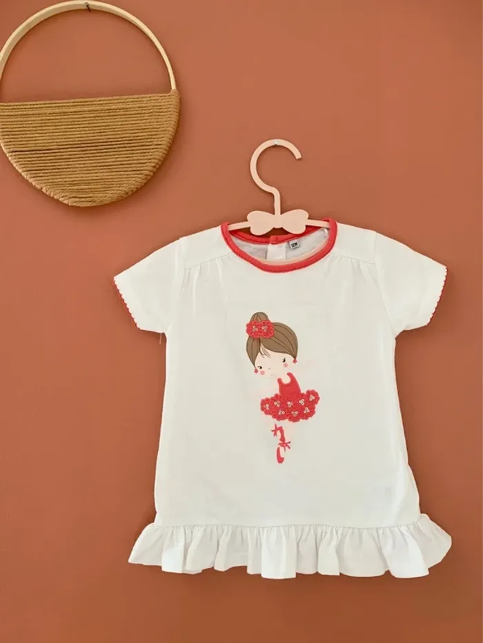 T-shirt / tunique fille -  blanc a motif - 12 mois