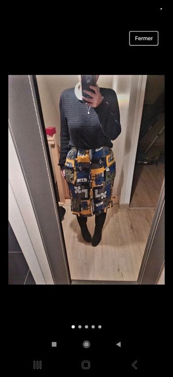 Superbe jupe style chiffon boutons kaki bleu et jaune moutarde taille élastiquée vintage 42 44
