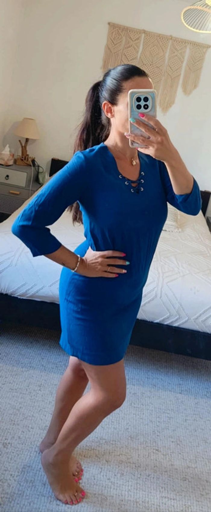 Robe légère Caroll bleu 40 laçage au décolleté manches 3/4 - photo numéro 2