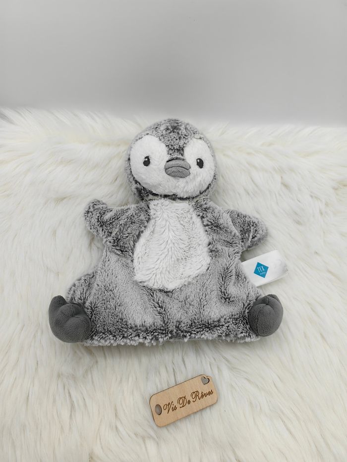 Doudou peluche marionnette Pingouin Tex Baby gris blanc