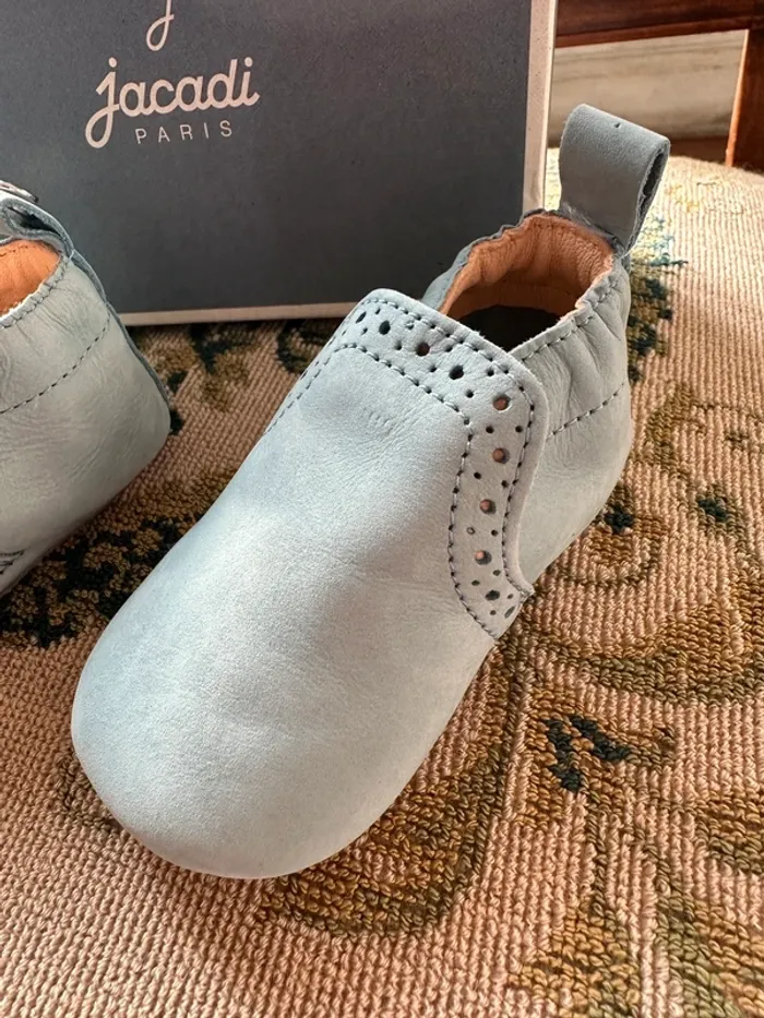 NEUF Jacadi chaussons pantoufles chaussures bleu ciel cuir 17 bébé Basile garçon - photo numéro 2