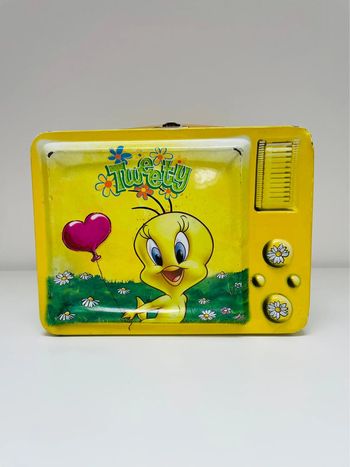 Valise métallique enfant Titi et gros miné jaune vert rose fleur ballon coeur