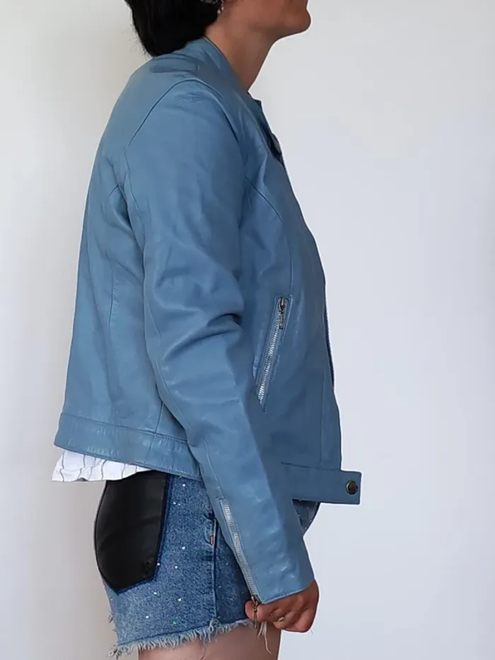 Veste Redskins Femme – Cuir d’Agneau Bleu Clair – Taille L – Style Biker Chic - photo numéro 2