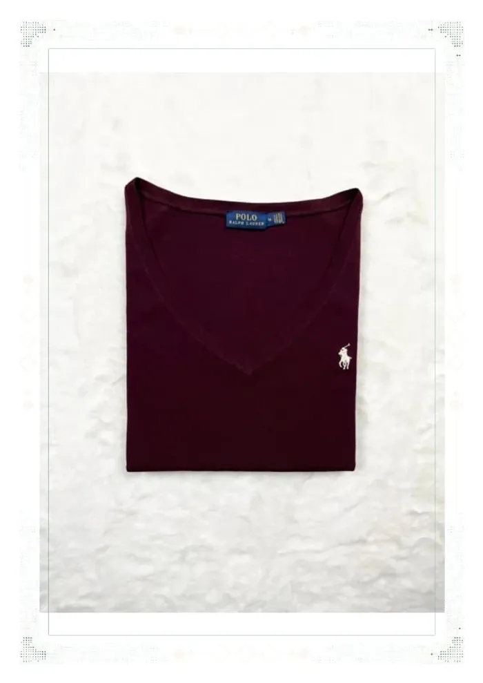 T-shirt manches longues Ralph Lauren femme coton rouge bordeaux col V taille M - photo numéro 15