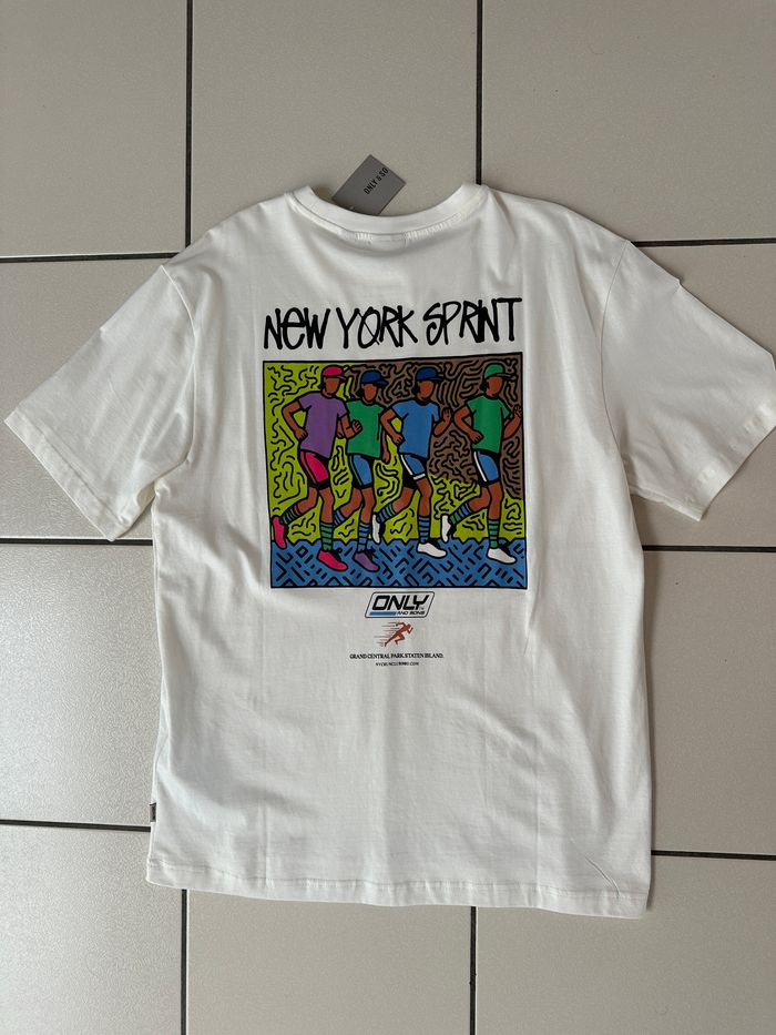 Tee shirt oversize Only&Sons blanc avec sérigraphie "new york sprint" taille M neuf - photo numéro 4