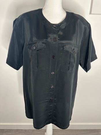 Blouse satinée noire et argentée à manches courtes Vintage T44 XXL