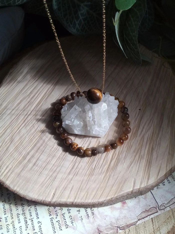 Parure collier + bracelet oeil de tigre naturelle