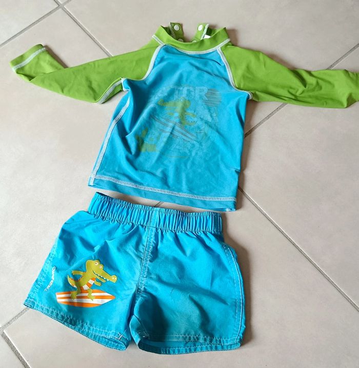 Lot t shirt UV + short bleu crocodile tribord Decathlon