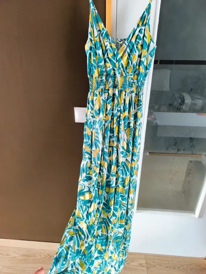 Robe longue imprimée tropicale verte et dorée femme 40/42 - photo numéro 4