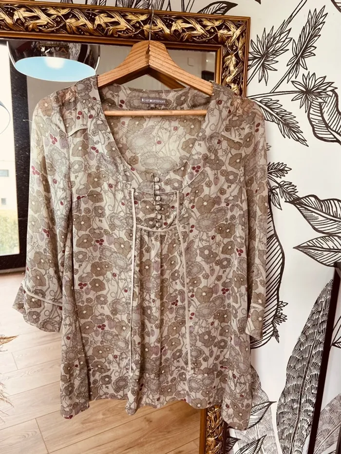 Taille S ~ 36 blouse manches 3/4 femme beige et violet 🌺