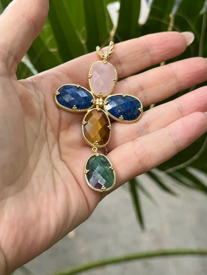 Long sautoir habaha Paris chaînes  réglables croix xl pierres naturelles - photo numéro 2