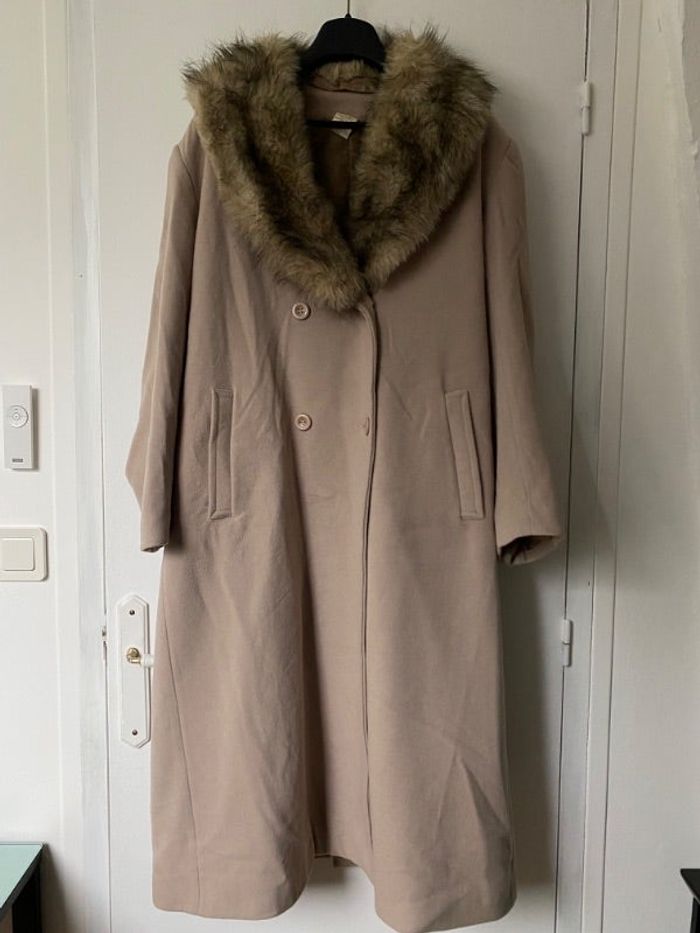 Long manteau/caban vintage en laine fausse fourrure
