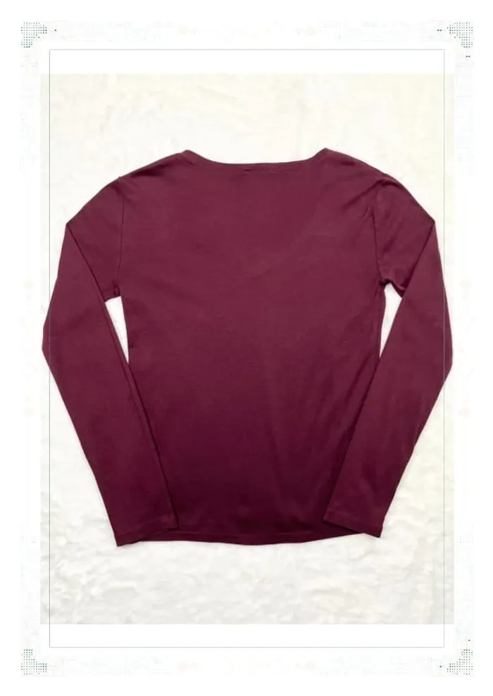T-shirt manches longues Ralph Lauren femme coton rouge bordeaux col V taille M - photo numéro 3