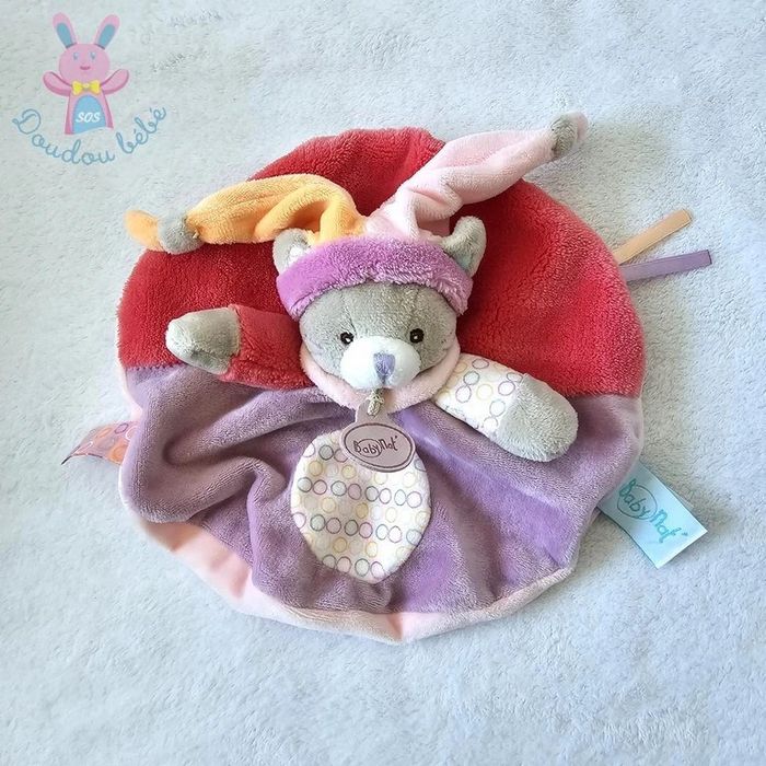 Doudou plat Ours Nina rond rose mauve fuchsia bonnet Baby Nat