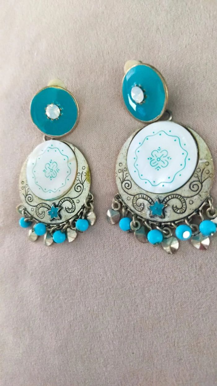 Boucles d’oreilles orientalisant et pampilles bleu turquoise vintage à clip - Collection Brume Bleue - photo numéro 2