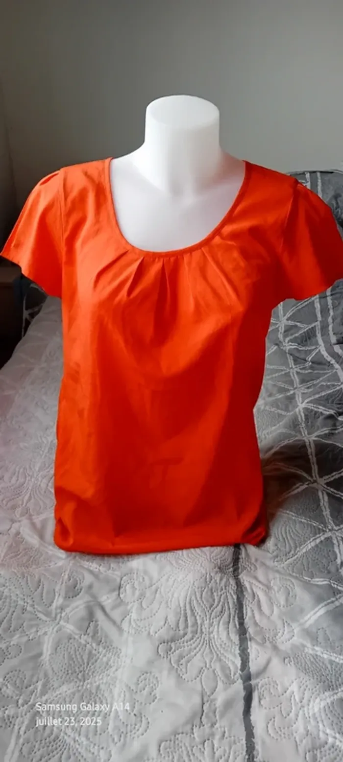 Blouse légère manches courtes col rond ouverture goutte d eau au dos orange femme L - photo numéro 2