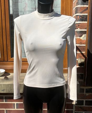 🤎 T-shirt côtelé beige col montant - Taille XS/34