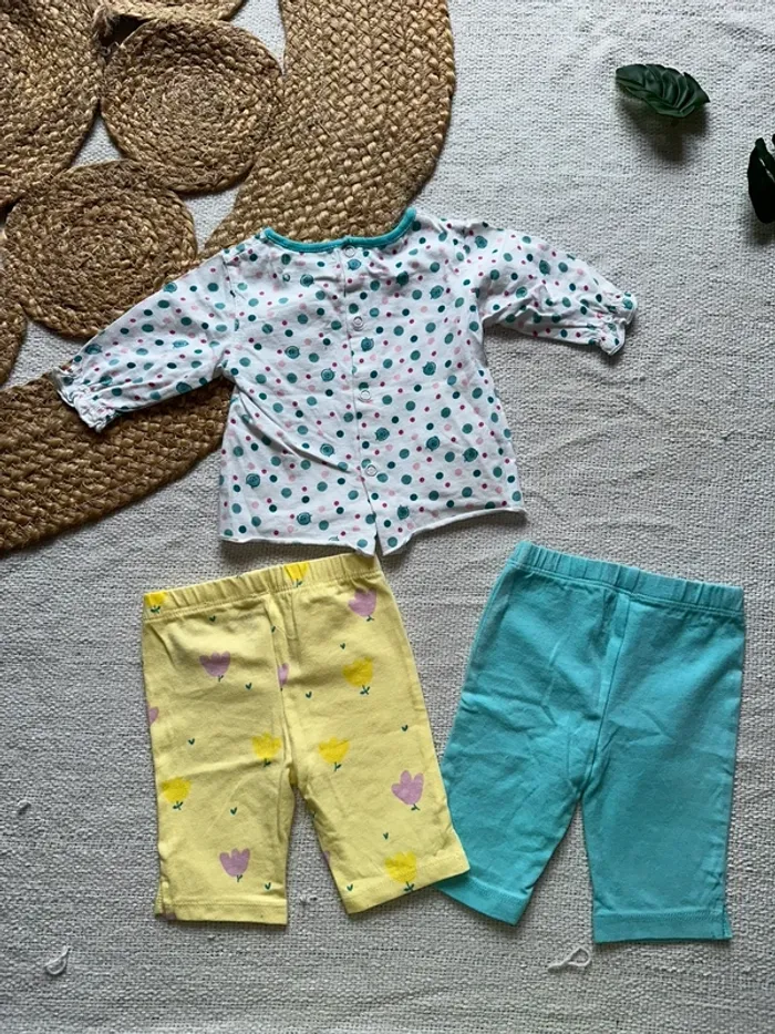 Lot fille 1-3 mois teeshirt pois + 2 leggings pantacourt - photo numéro 3