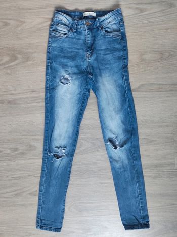 Pantalon jean taille haute troué bleu délavé / Cache Cache - 32/XXS