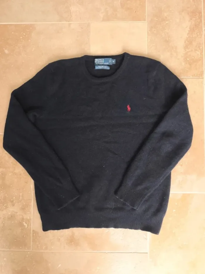 Magnifique pull col rond marine logo rouge laine d'agneau Ralph Lauren homme M slim fit - photo numéro 2