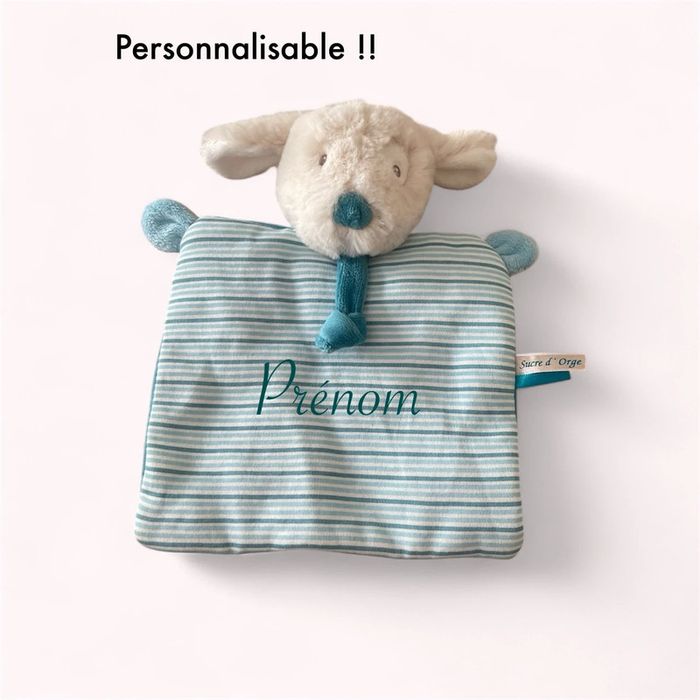 Peluche doudou plat 23cm sucre d’orge chien blanc et bleu parfait état - photo numéro 5