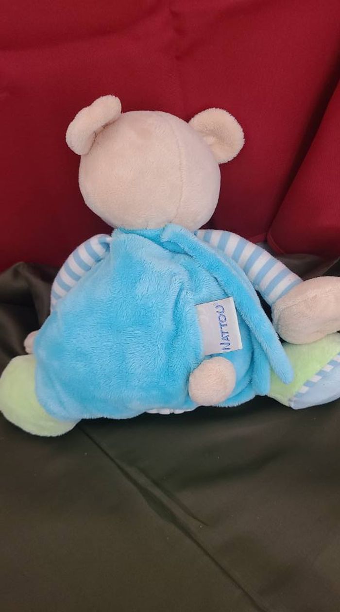 Doudou peluche ours bleu vert long bras NATTOU musical - photo numéro 3