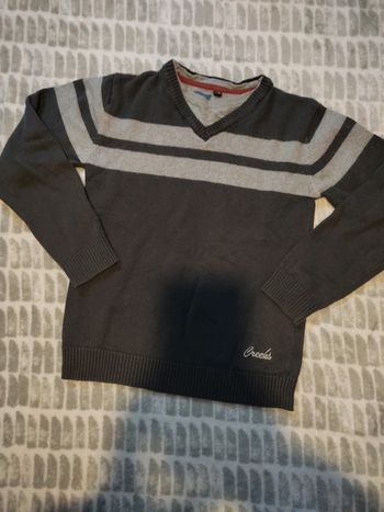 Pull col v gris bandes laine Creeks taille 12 ans