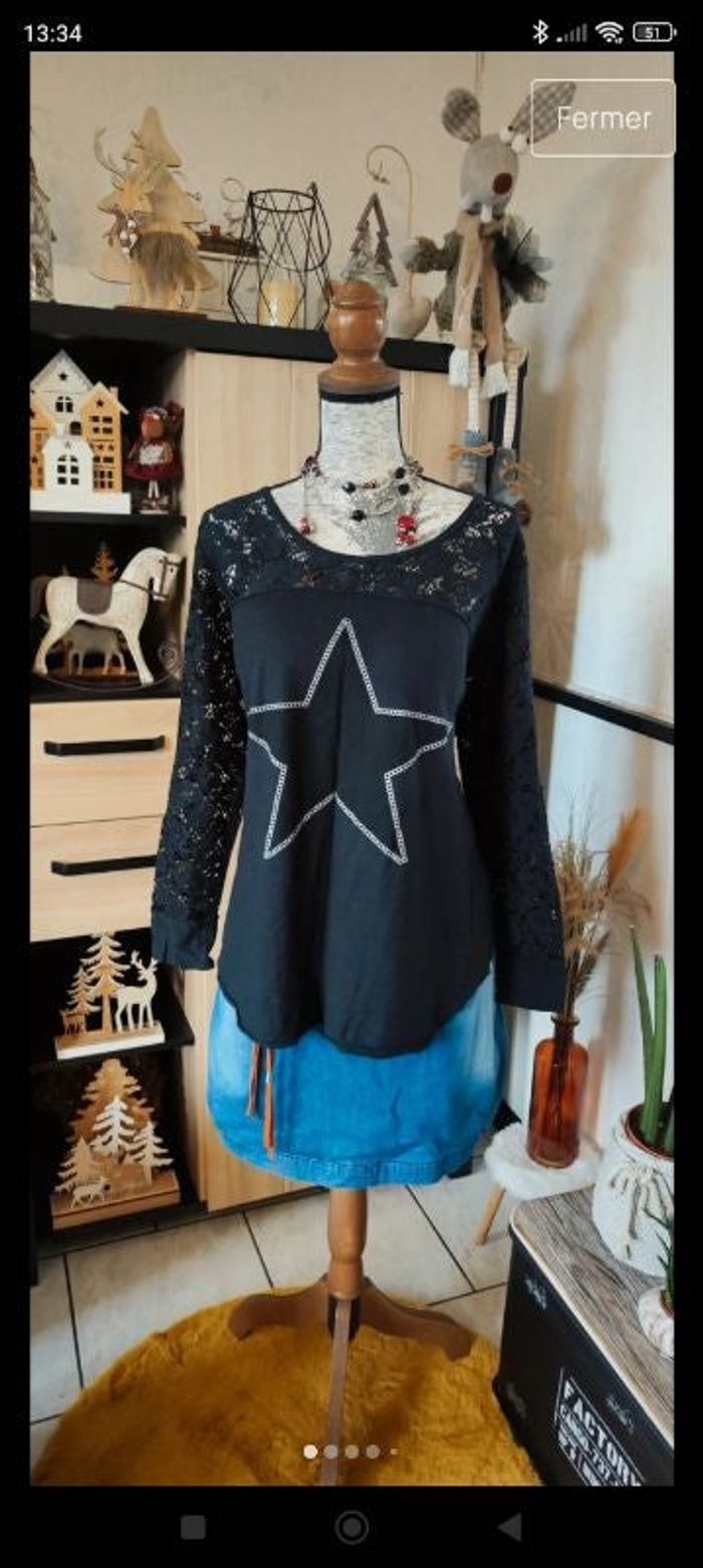 Superbe haut neuf top tee T-shirt noir motif imprimé