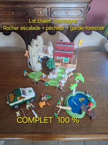 Playmobil chalet montagne escalade + pêcheur + garde-forestier