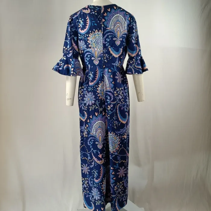 Robe longue bleu nuit imprimé cachemire, manches volantées, doublée, taille estimée M A1217 - photo numéro 3